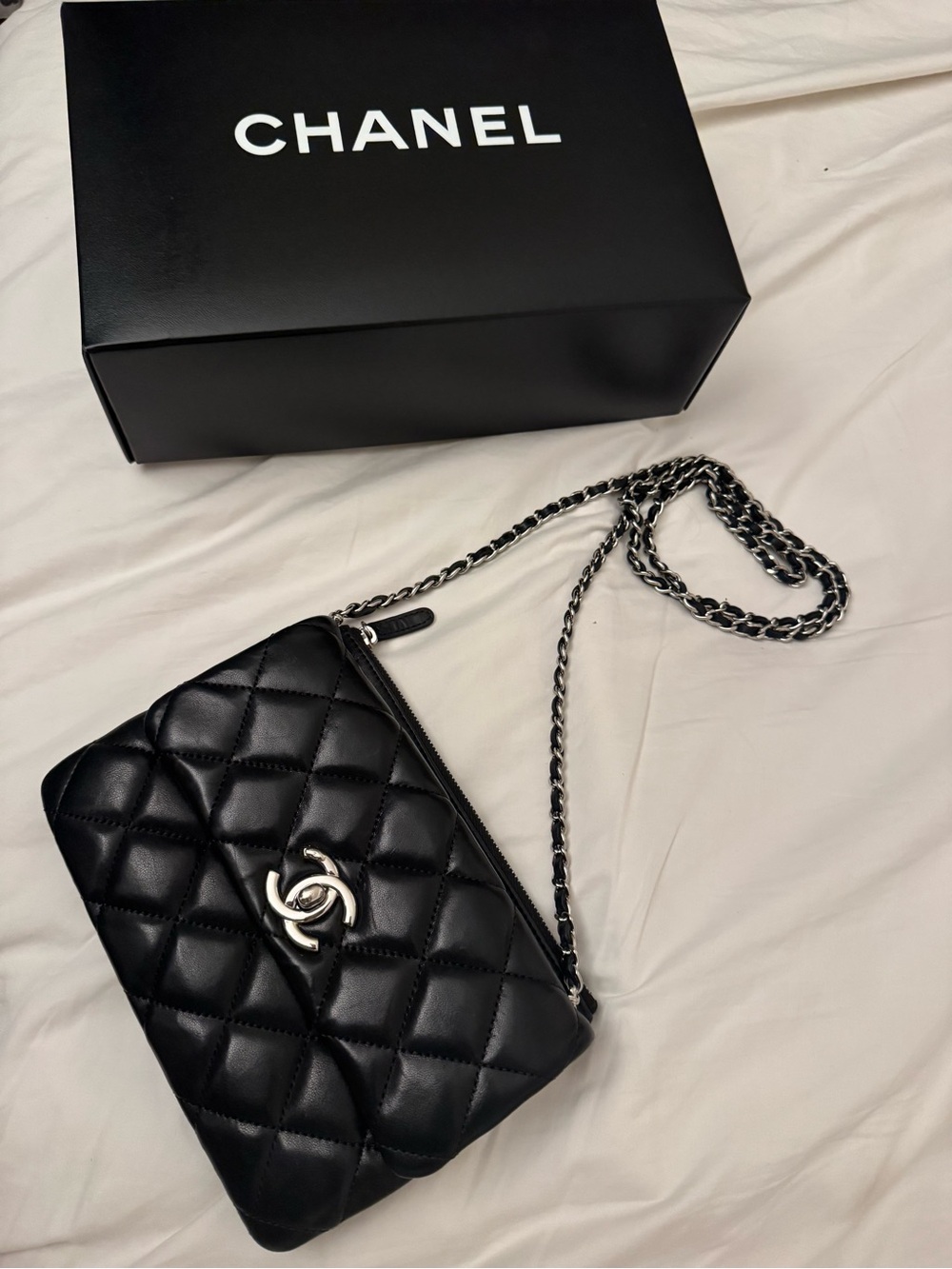 CHANEL Black Quilted Lambskin Crossbody with Silver-Tone CC